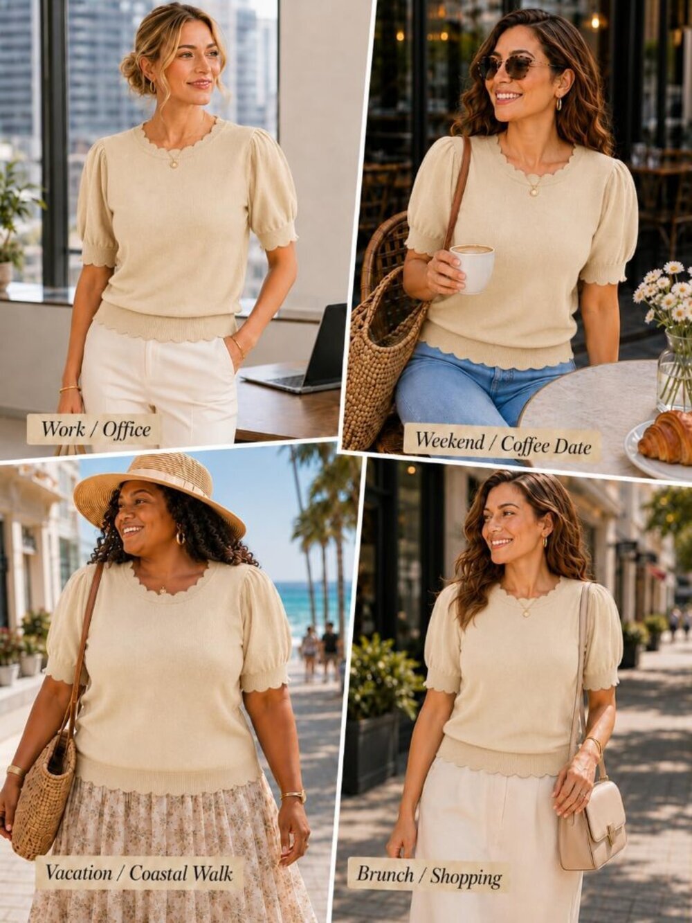 Women's Beige Short Sleeve Imported Pull On Casual Crew Neck Sweater - Picture 2 of 6